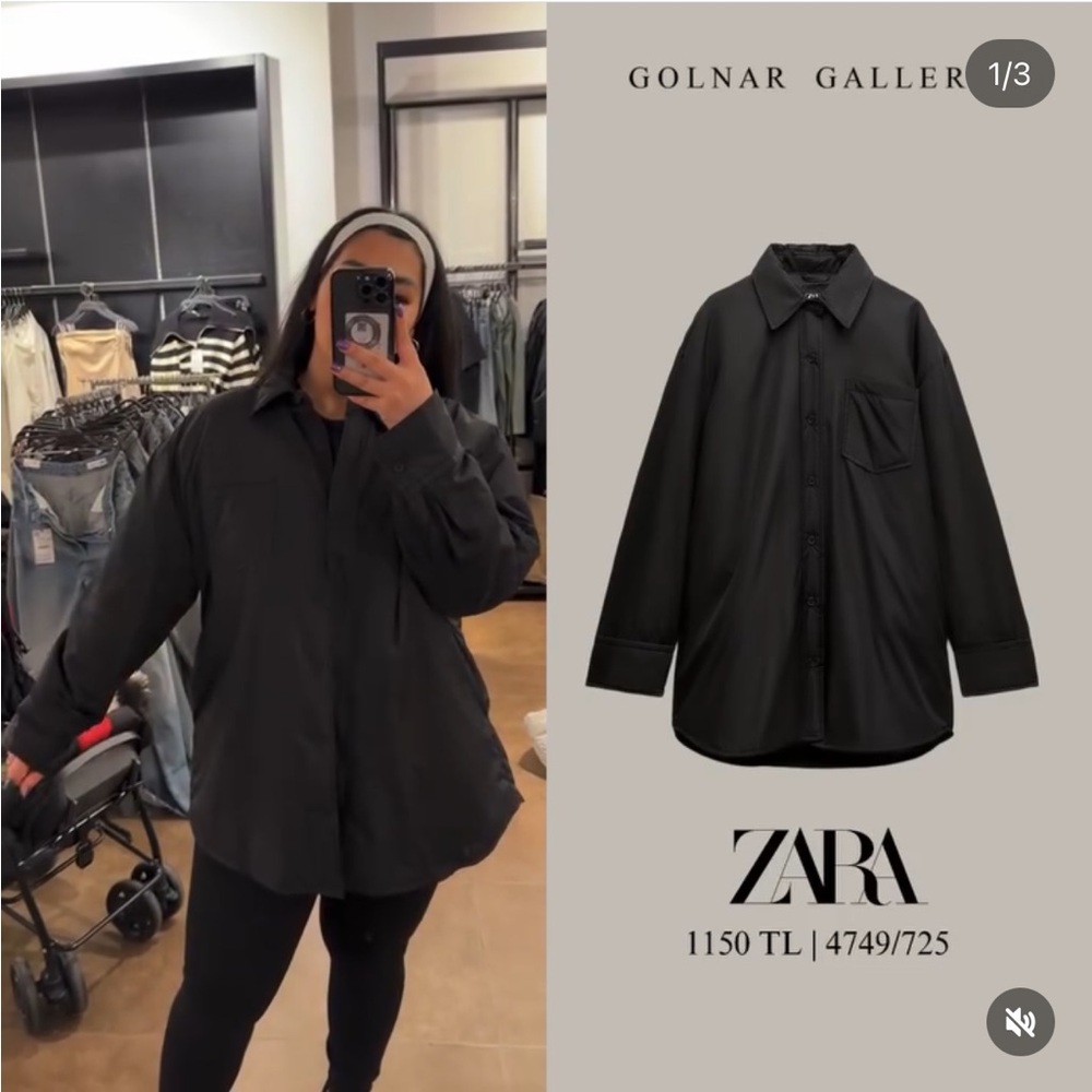 Zara Water Repellent Quilted Overshirt shirt Jacket Black button size S NWT - Picture 11 of 16